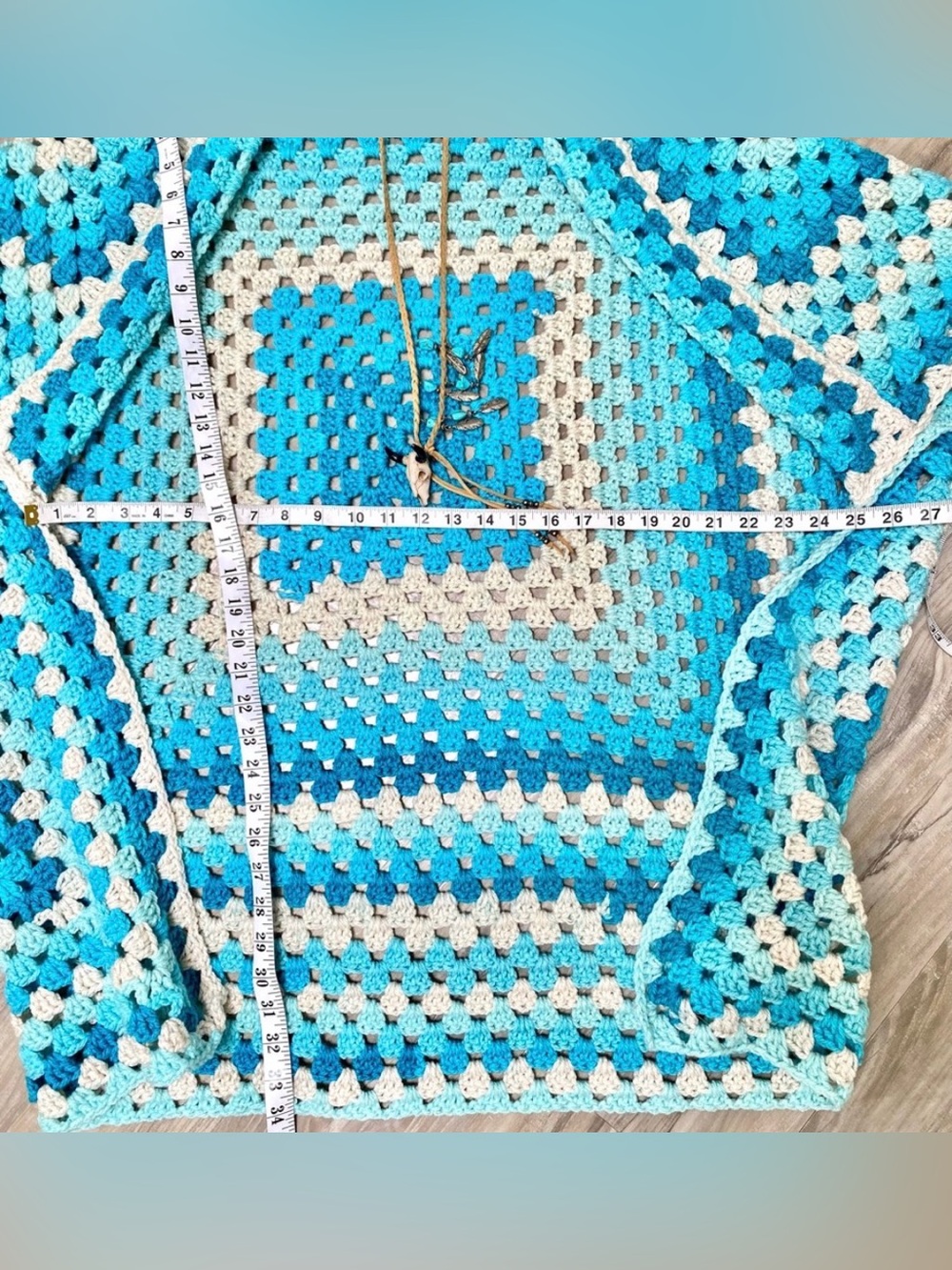 Hand-Crocheted Open Front Cardigan Sweater - Turquoise & Cream - Picture 7 of 10